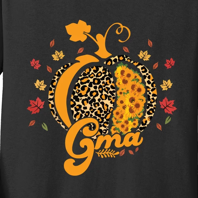 Gma Pumpkin Leopard Print Sunflower Grandma Halloween Fall Kids Long Sleeve Shirt