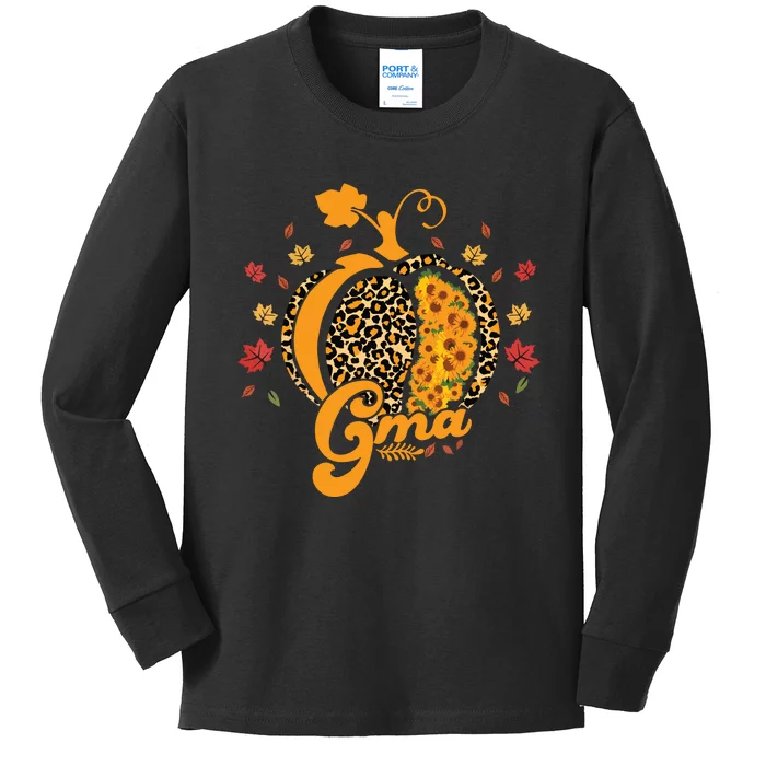 Gma Pumpkin Leopard Print Sunflower Grandma Halloween Fall Kids Long Sleeve Shirt