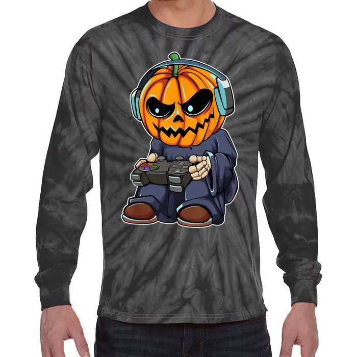 Gamer Pumpkin Lazy Halloween Costume Cool Videogame Gaming Tie-Dye Long Sleeve Shirt