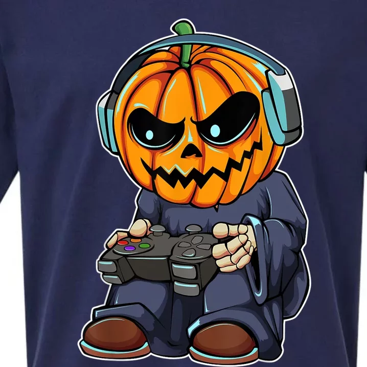 Gamer Pumpkin Lazy Halloween Costume Cool Videogame Gaming Sueded Cloud Jersey T-Shirt