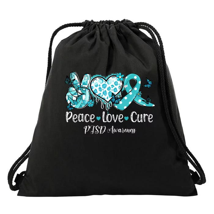 Groovy Peace Love Cure Teal Ribbon PTSD Awareness Drawstring Bag