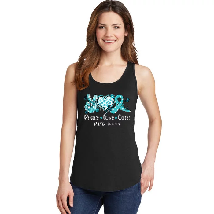 Groovy Peace Love Cure Teal Ribbon PTSD Awareness Ladies Essential Tank