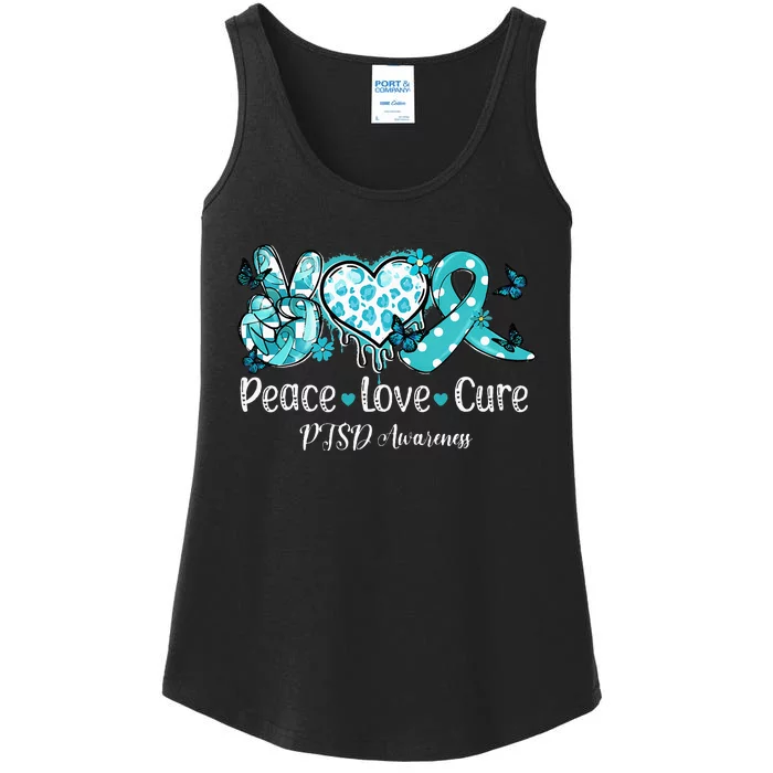 Groovy Peace Love Cure Teal Ribbon PTSD Awareness Ladies Essential Tank