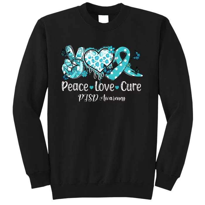 Groovy Peace Love Cure Teal Ribbon PTSD Awareness Tall Sweatshirt