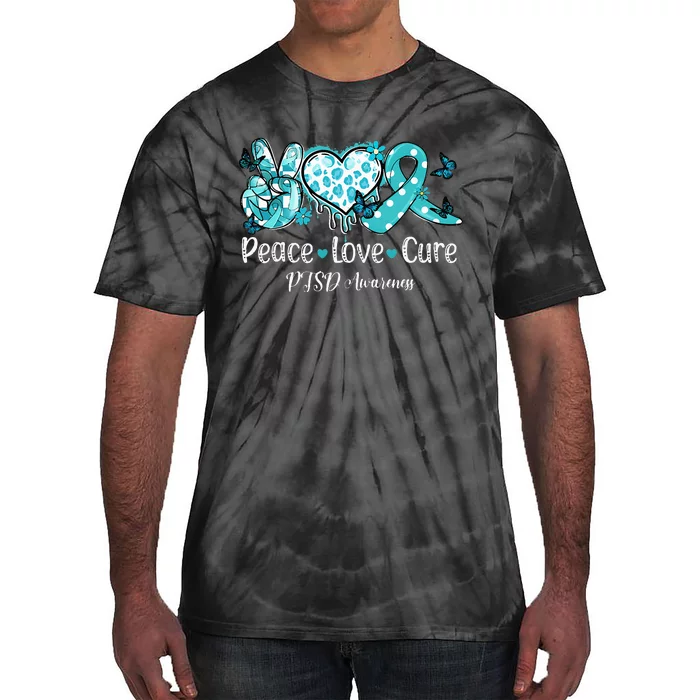 Groovy Peace Love Cure Teal Ribbon PTSD Awareness Tie-Dye T-Shirt