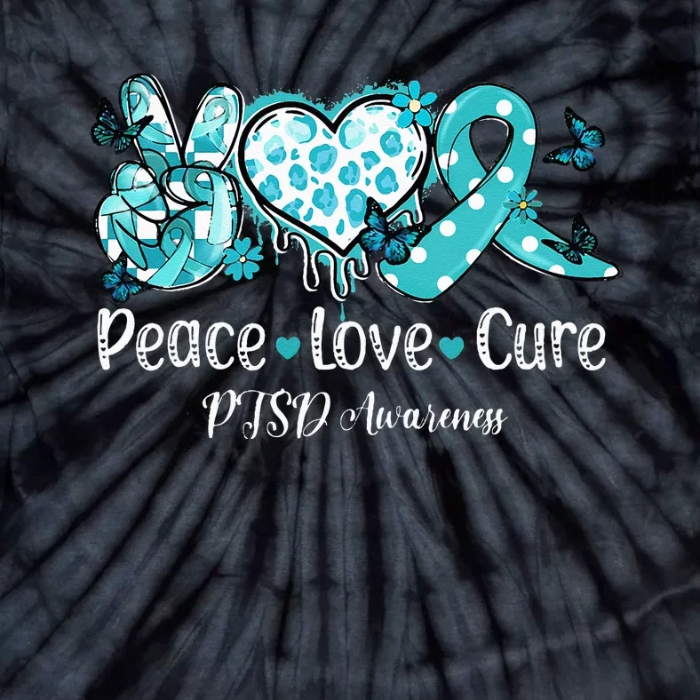 Groovy Peace Love Cure Teal Ribbon PTSD Awareness Tie-Dye T-Shirt