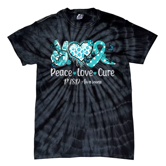 Groovy Peace Love Cure Teal Ribbon PTSD Awareness Tie-Dye T-Shirt