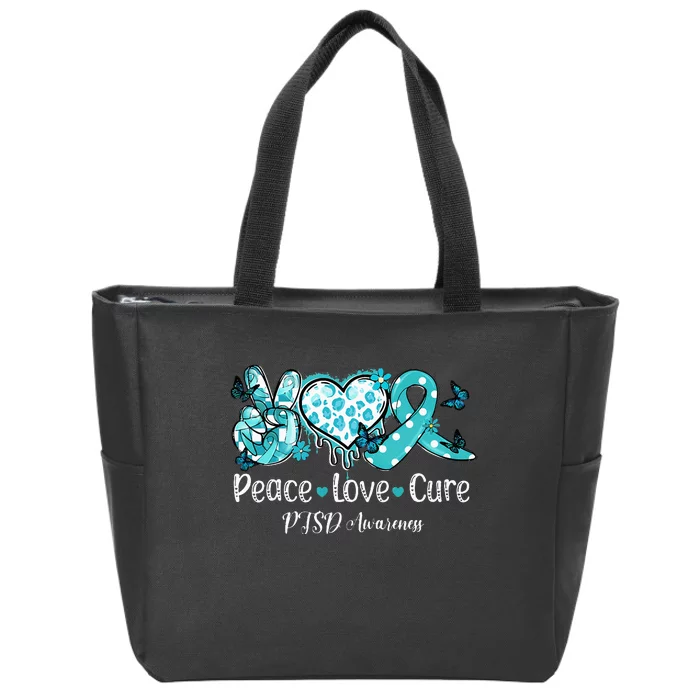 Groovy Peace Love Cure Teal Ribbon PTSD Awareness Zip Tote Bag