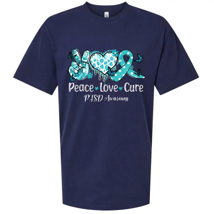 Groovy Peace Love Cure Teal Ribbon PTSD Awareness Sueded Cloud Jersey T-Shirt