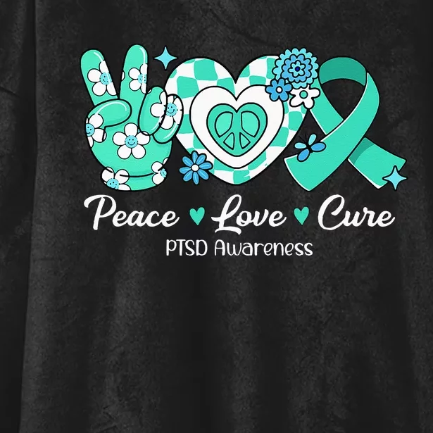 Groovy Peace Love Cure Teal Ribbon PTSD Awareness Hooded Wearable Blanket