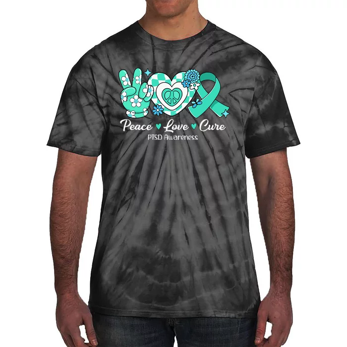 Groovy Peace Love Cure Teal Ribbon PTSD Awareness Tie-Dye T-Shirt