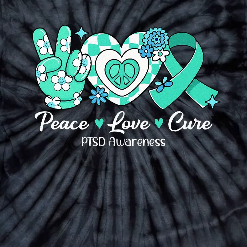 Groovy Peace Love Cure Teal Ribbon PTSD Awareness Tie-Dye T-Shirt