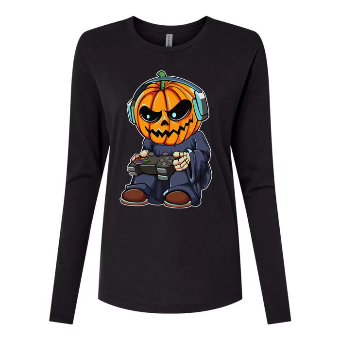 Gamer Pumpkin Lazy Halloween Costume Funny Gaming Videogame Womens Cotton Relaxed Long Sleeve T-Shirt