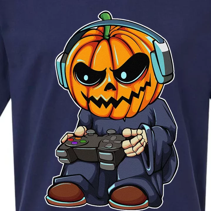 Gamer Pumpkin Lazy Halloween Costume Funny Gaming Videogame Sueded Cloud Jersey T-Shirt