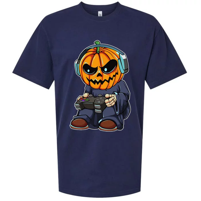 Gamer Pumpkin Lazy Halloween Costume Funny Gaming Videogame Sueded Cloud Jersey T-Shirt