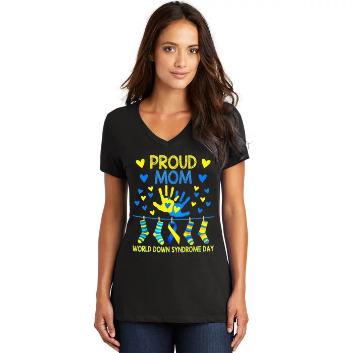 Gifts Proud Mom T21 World Down Syndrome Awareness Day Ribbon Women's V-Neck T-Shirt