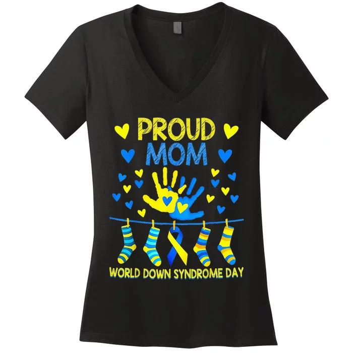 Gifts Proud Mom T21 World Down Syndrome Awareness Day Ribbon Women's V-Neck T-Shirt