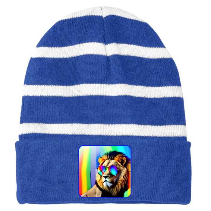 Gay Pride Month Rainbow Lgbtq Lion Lovers Wildlife Safari Cool Gift Striped Beanie with Solid Band