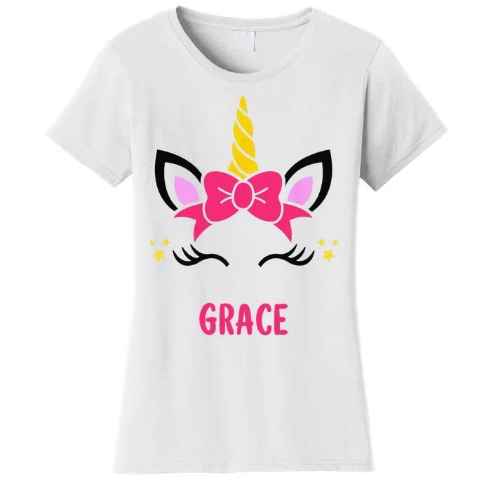 GRACE Personalized Name Pink Bow Unicorn Face Women's T-Shirt