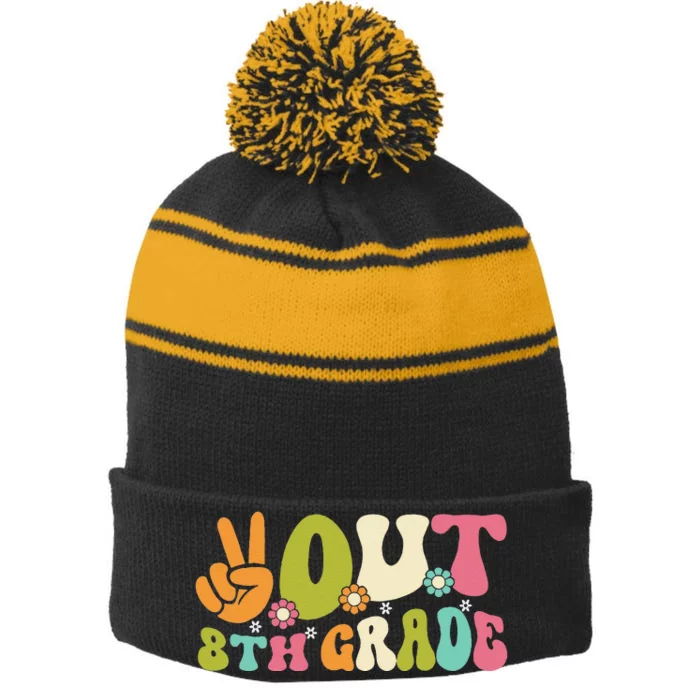 Groovy Peace Out 8th Grade Teacher Last Day Of School Stripe Pom Pom Beanie