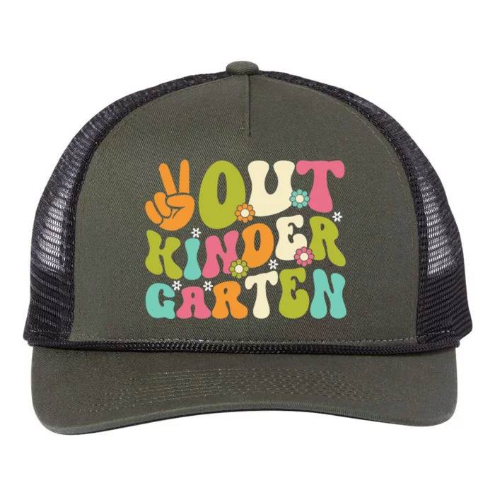 Groovy Peace Out Kindergarten Teacher Last Day Of School Retro Rope Trucker Hat Cap