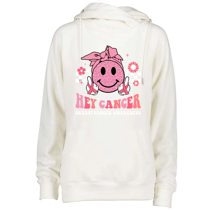 Groovy Pink Ribbon Breast Cancer Warrior Hey Cancer Fighting Gift Womens Funnel Neck Pullover Hood