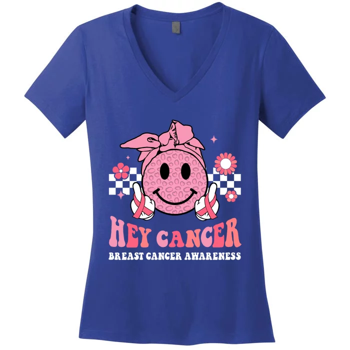 Groovy Pink Ribbon Breast Cancer Warrior Hey Cancer Fighting Gift Women's V-Neck T-Shirt