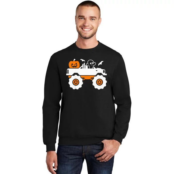 Ghost Pumpkin Riding Monster Truck Lazy Halloween Costume Tall Sweatshirt