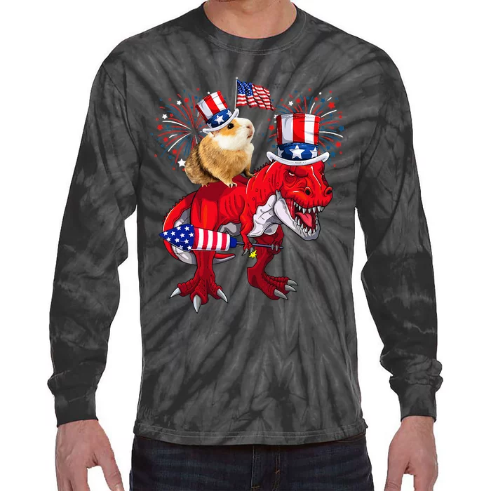 Guinea Pig Ridding TRex 4th Of July Fireworks Lover Family Tie-Dye Long Sleeve Shirt