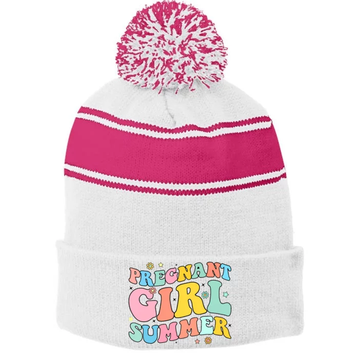 Groovy Pregnancy Reveal Pregnant Girl Summer Baby Shower Stripe Pom Pom Beanie