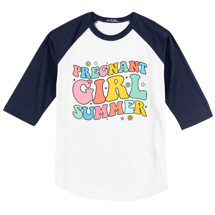 Groovy Pregnancy Reveal Pregnant Girl Summer Baby Shower Baseball Sleeve Shirt