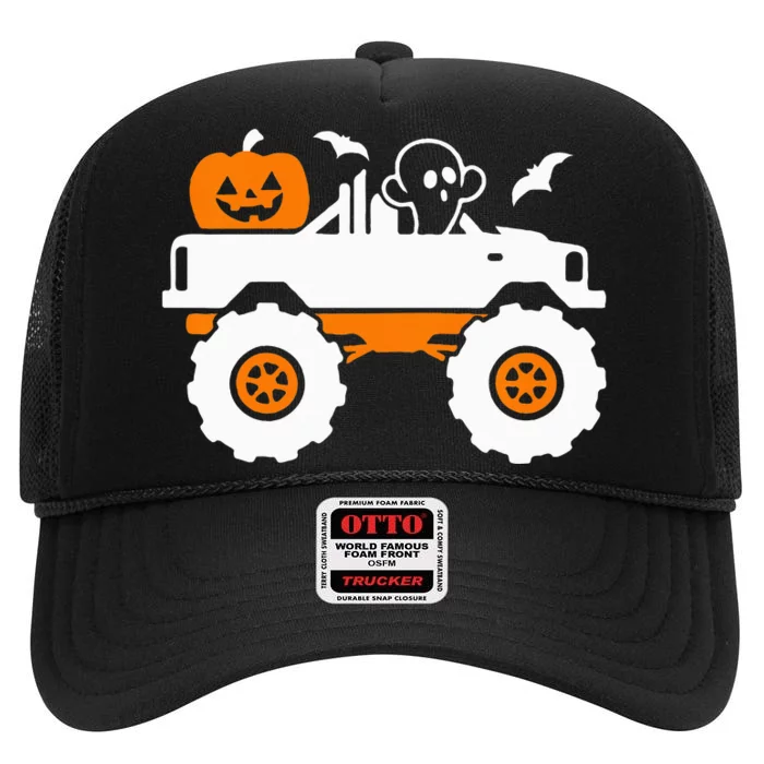 Ghost Pumpkin Riding Monster Truck Lazy Halloween Costume High Crown Mesh Trucker Hat