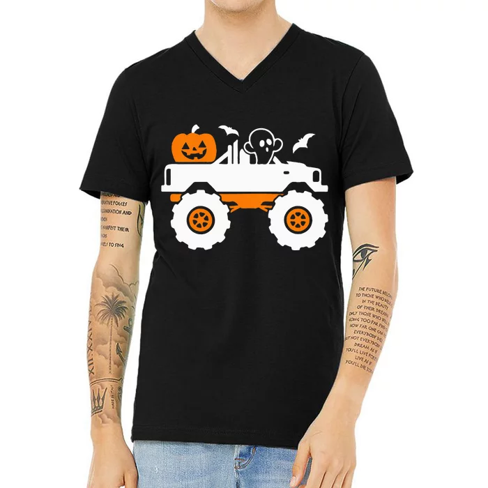 Ghost Pumpkin Riding Monster Truck Lazy Halloween Costume V-Neck T-Shirt