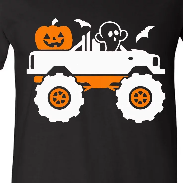 Ghost Pumpkin Riding Monster Truck Lazy Halloween Costume V-Neck T-Shirt