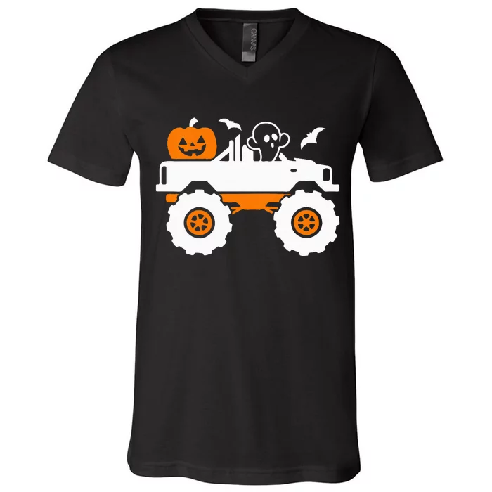 Ghost Pumpkin Riding Monster Truck Lazy Halloween Costume V-Neck T-Shirt