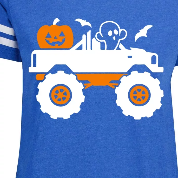 Ghost Pumpkin Riding Monster Truck Lazy Halloween Costume Gift Enza Ladies Jersey Football T-Shirt