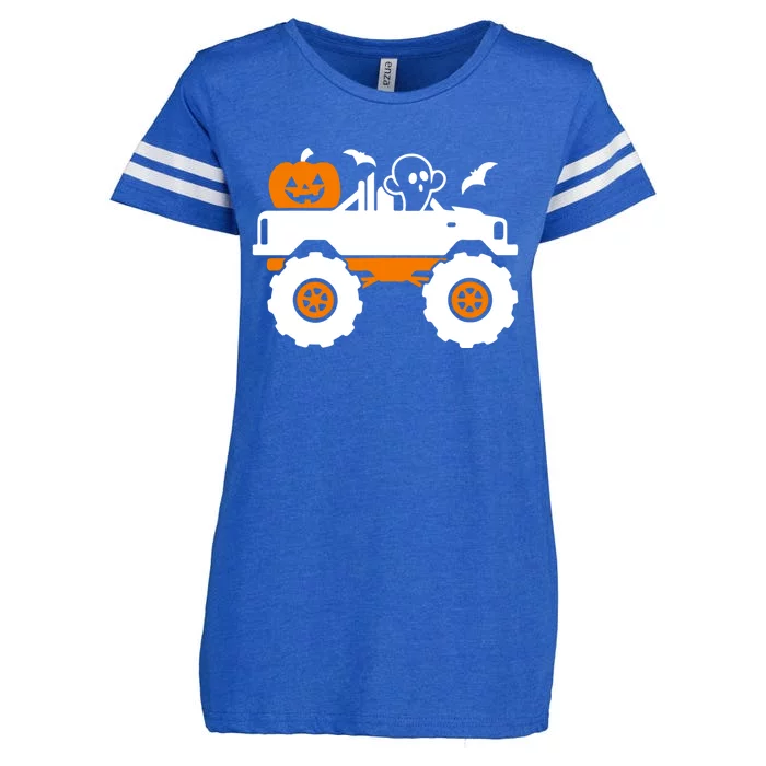 Ghost Pumpkin Riding Monster Truck Lazy Halloween Costume Gift Enza Ladies Jersey Football T-Shirt