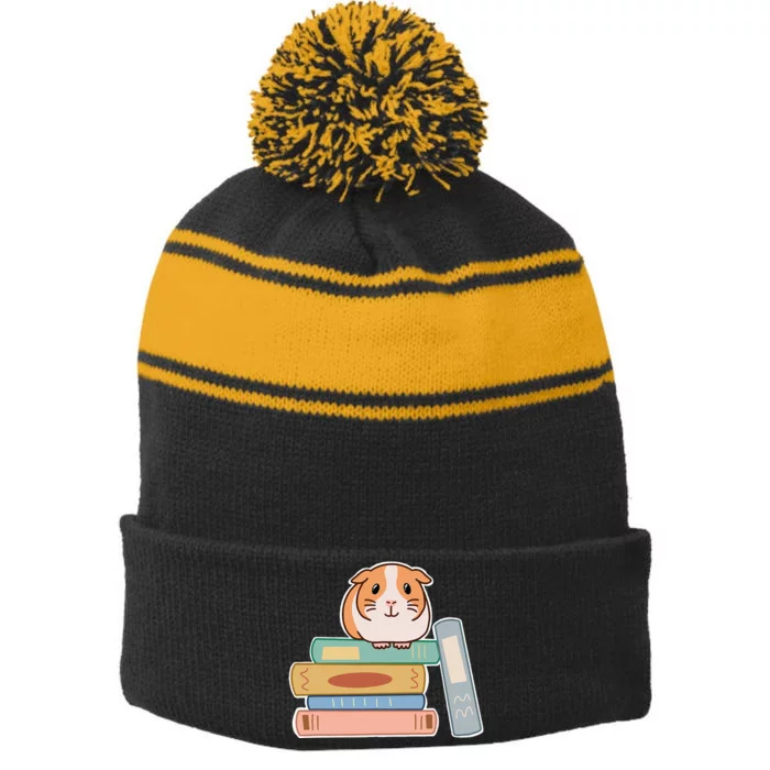 Guinea Pig Sitting On Top Of A Stack Of Books For Reading Stripe Pom Pom Beanie