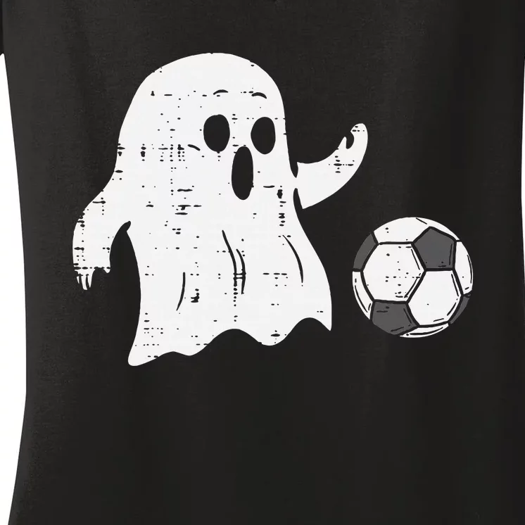 Ghost Playing Soccer Funny Football Halloween Costume Sports Women's V-Neck T-Shirt