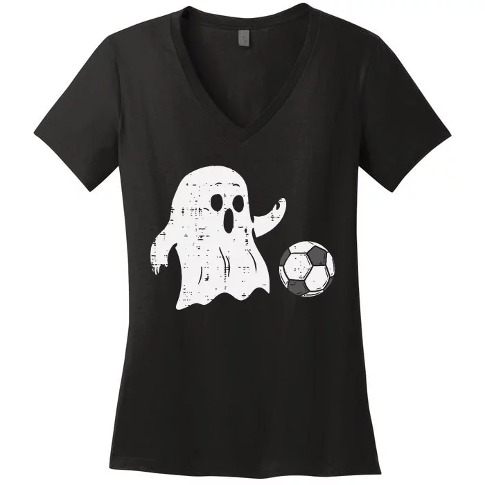 Ghost Playing Soccer Funny Football Halloween Costume Sports Women's V-Neck T-Shirt