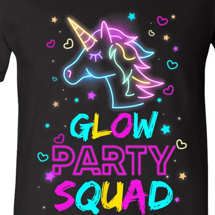 Glow Party Squad Unicorn 80s Retro Costume Birthday Squad V-Neck T-Shirt