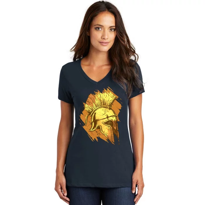 Grunge Painted Spartan Gladiator Warrior Helmet Women's V-Neck T-Shirt