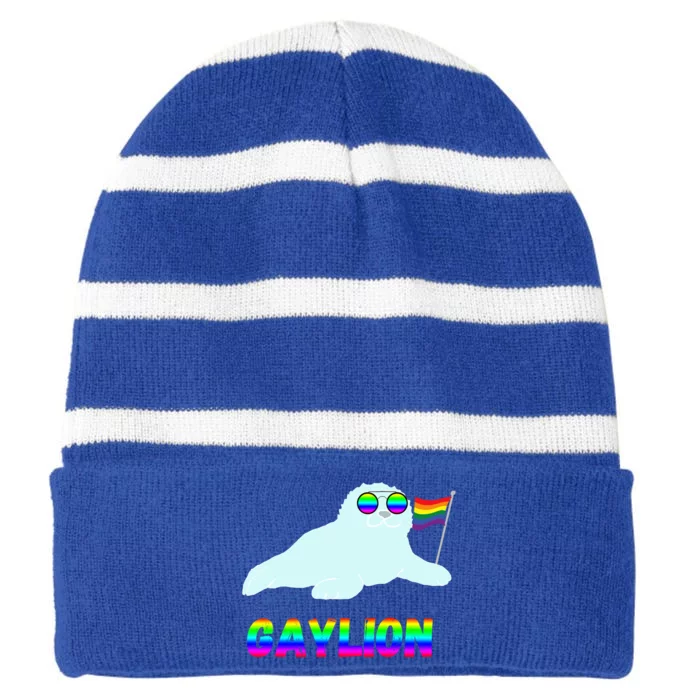 Gay Pride Sea Lion Rainbow Seal Lgbt Bi Gender Supporter Cool Gift Striped Beanie with Solid Band