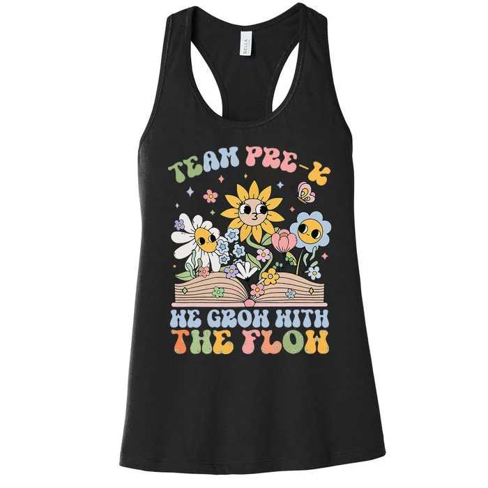 Groovy Preschool Teacher Team Prek Grow With The Flow Women's Racerback Tank