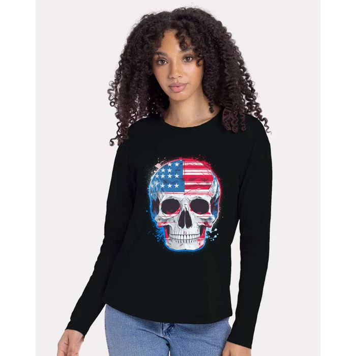 Grunge Paint USA American Flag Smiling Skull Womens Cotton Relaxed Long Sleeve T-Shirt