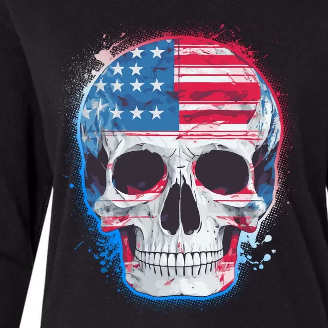 Grunge Paint USA American Flag Smiling Skull Womens Cotton Relaxed Long Sleeve T-Shirt