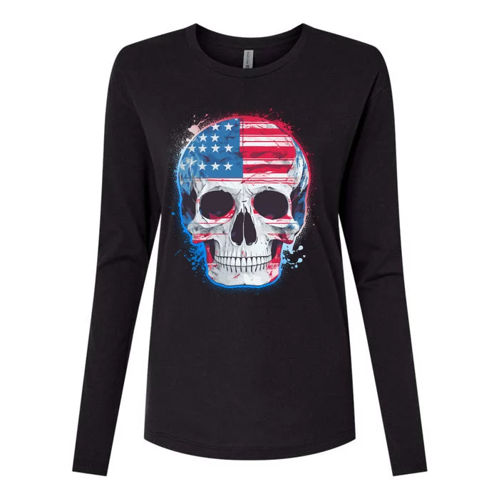 Grunge Paint USA American Flag Smiling Skull Womens Cotton Relaxed Long Sleeve T-Shirt