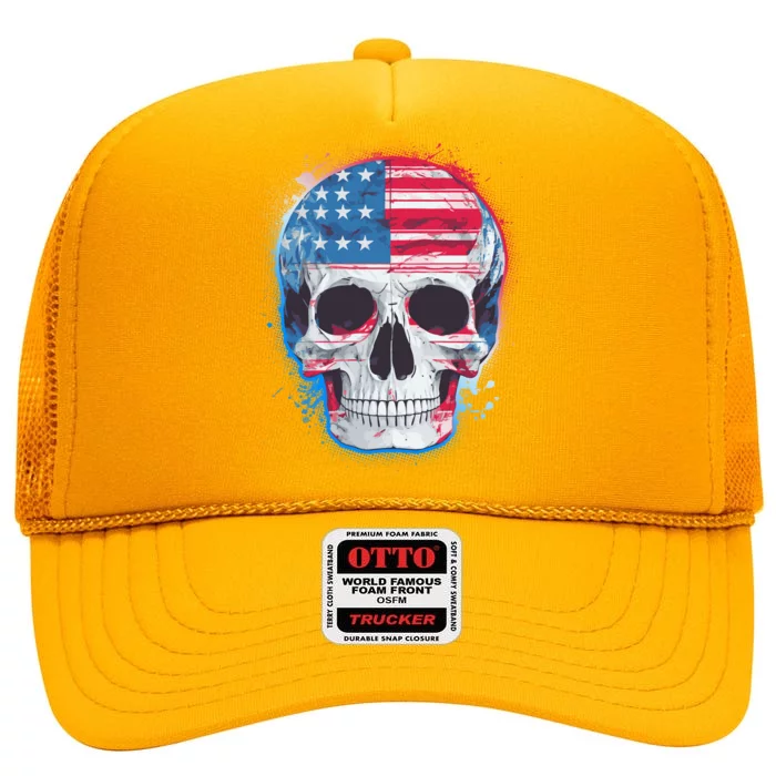 Grunge Paint USA American Flag Smiling Skull High Crown Mesh Trucker Hat