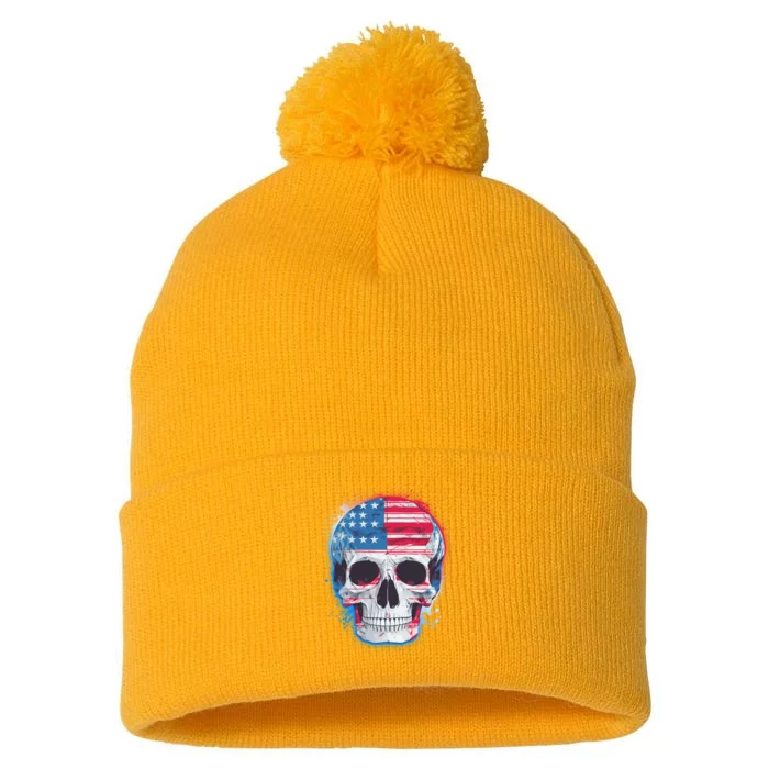 Grunge Paint USA American Flag Smiling Skull Pom Pom 12in Knit Beanie