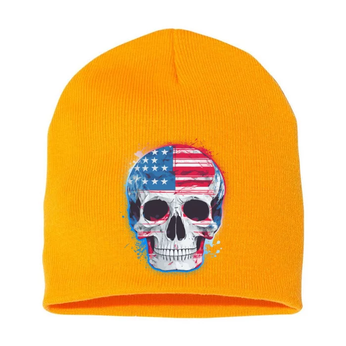 Grunge Paint USA American Flag Smiling Skull Short Acrylic Beanie